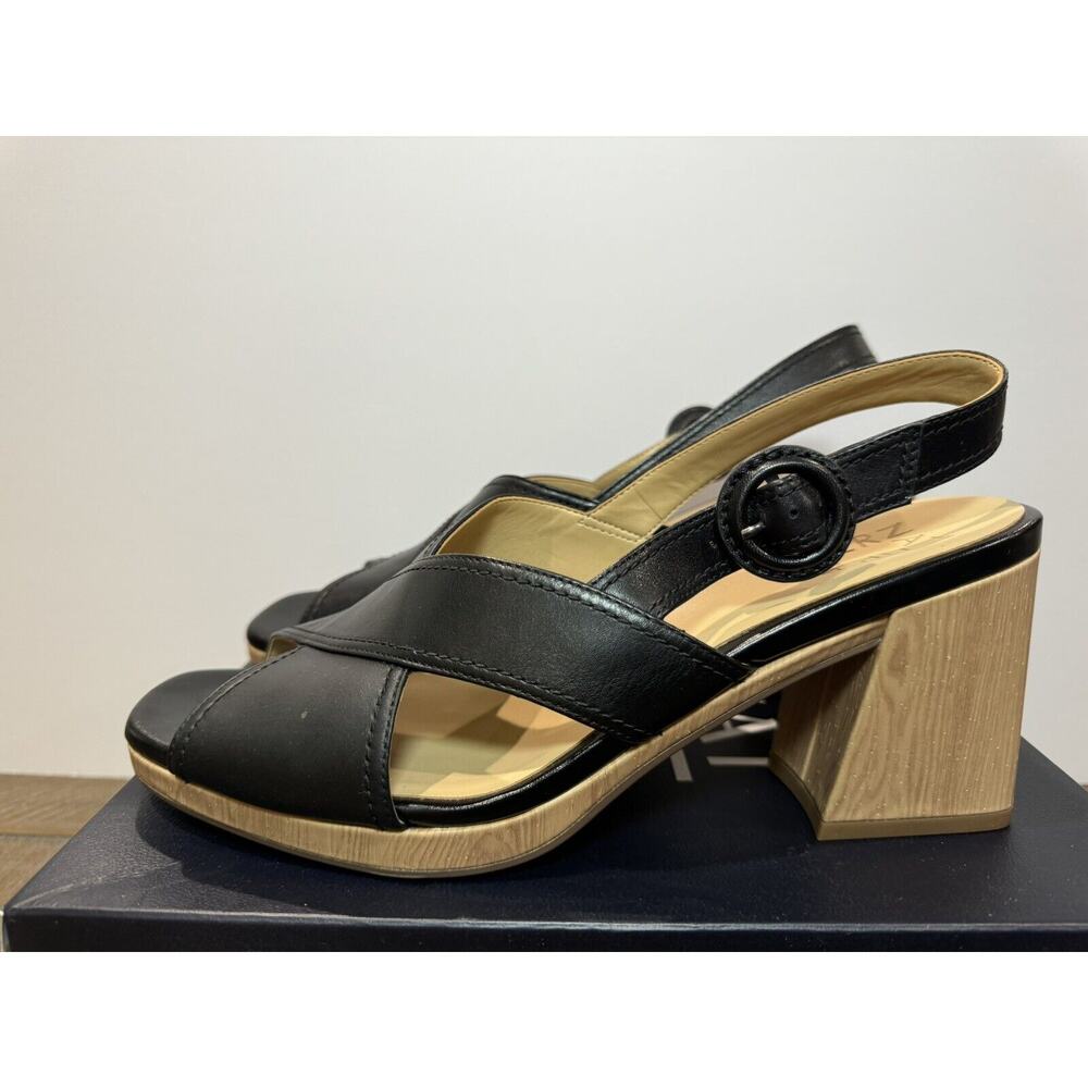 Naturalizer Renly Peep Toe Bamboo Block Heel Black Sandal - Women’s 9.5M